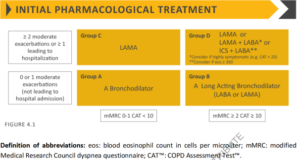 Modèle pour l'initiation du traitement pharmacologique (GOLD 2019) Modèle pour l'initiation du traitement pharmacologique (GOLD 2019)